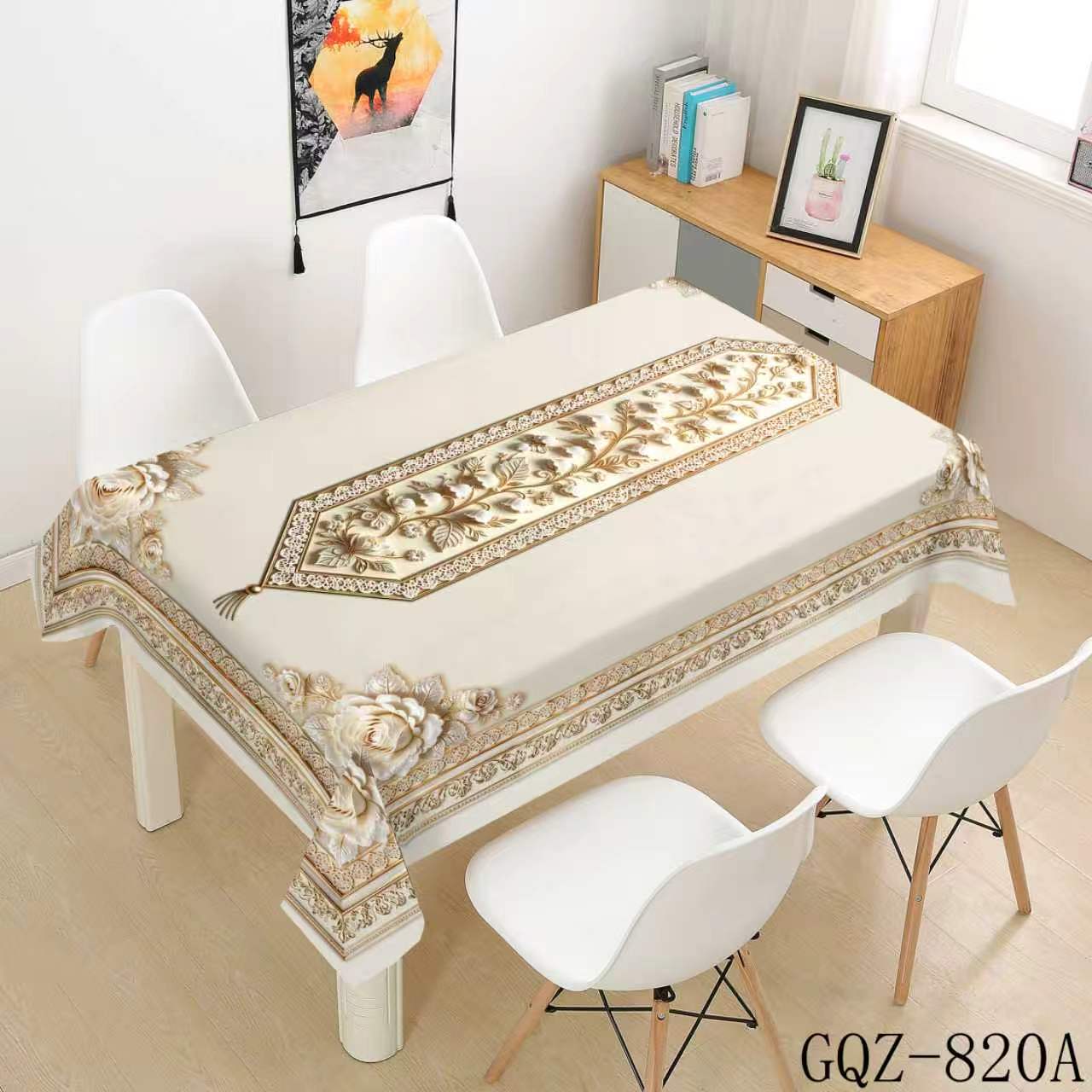 Ivory Gold Floral Scrollwork Tablecloth