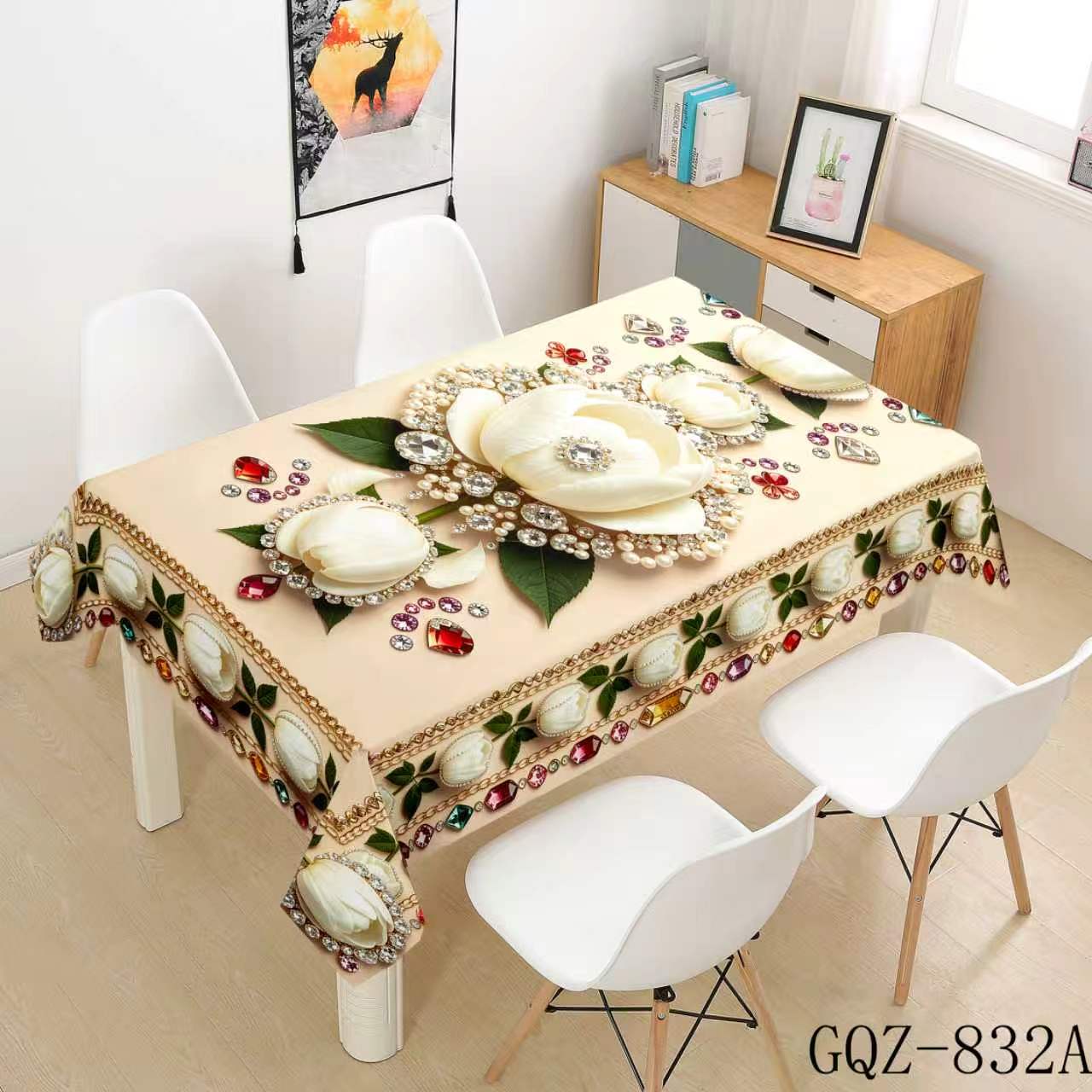 Beige Tablecloth with White Roses