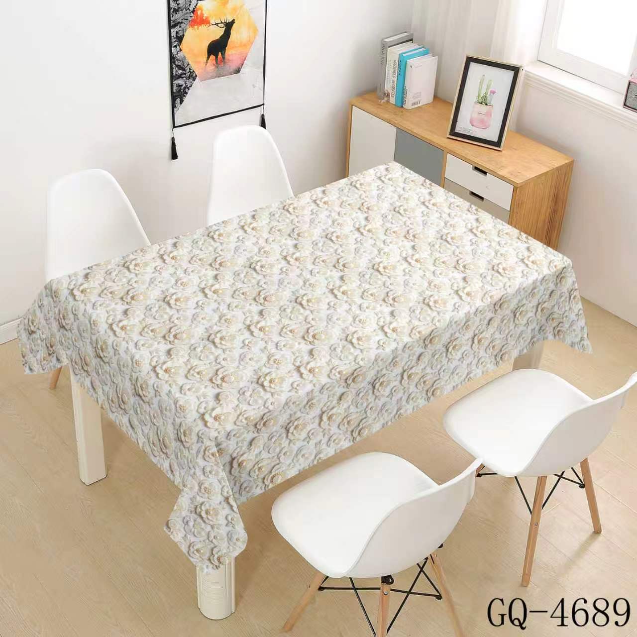Printed PVC Tablecloth - Beige Gray Flower Clusters
