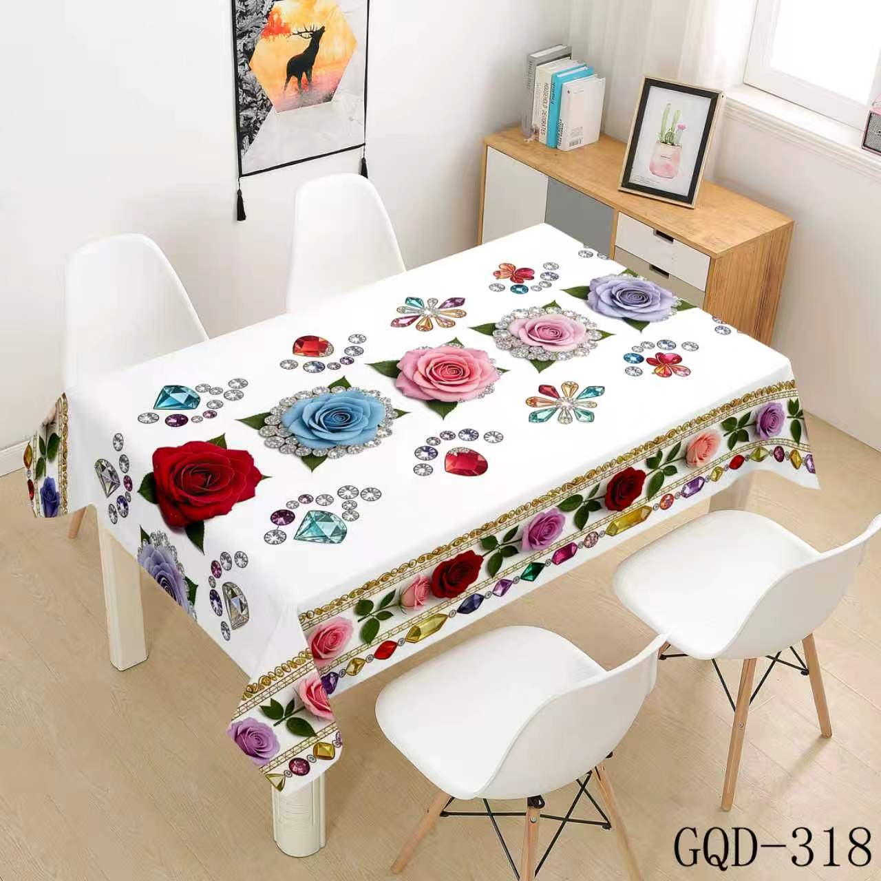 White Tablecloth with Multicolor Roses