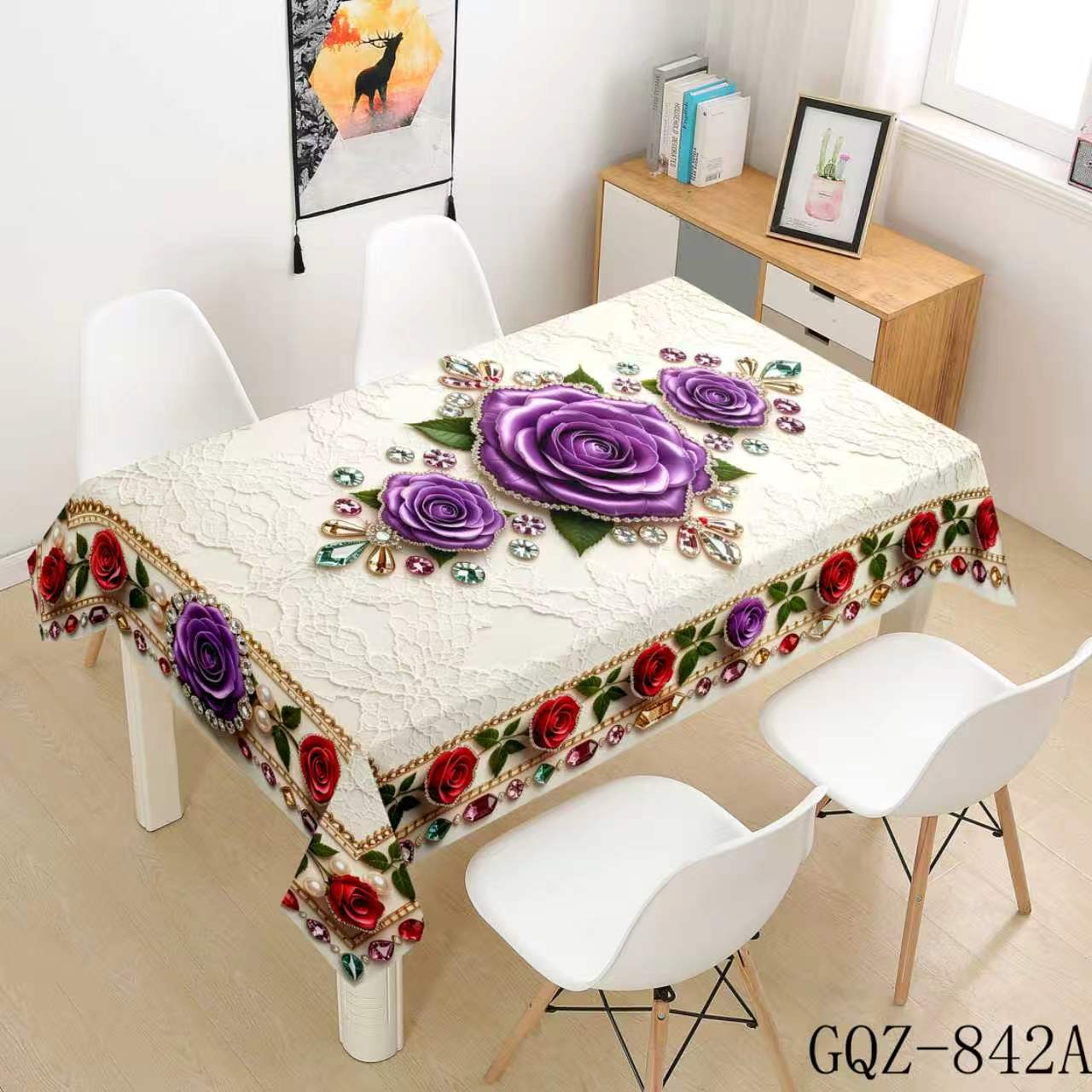 White Tablecloth with Purple Roses