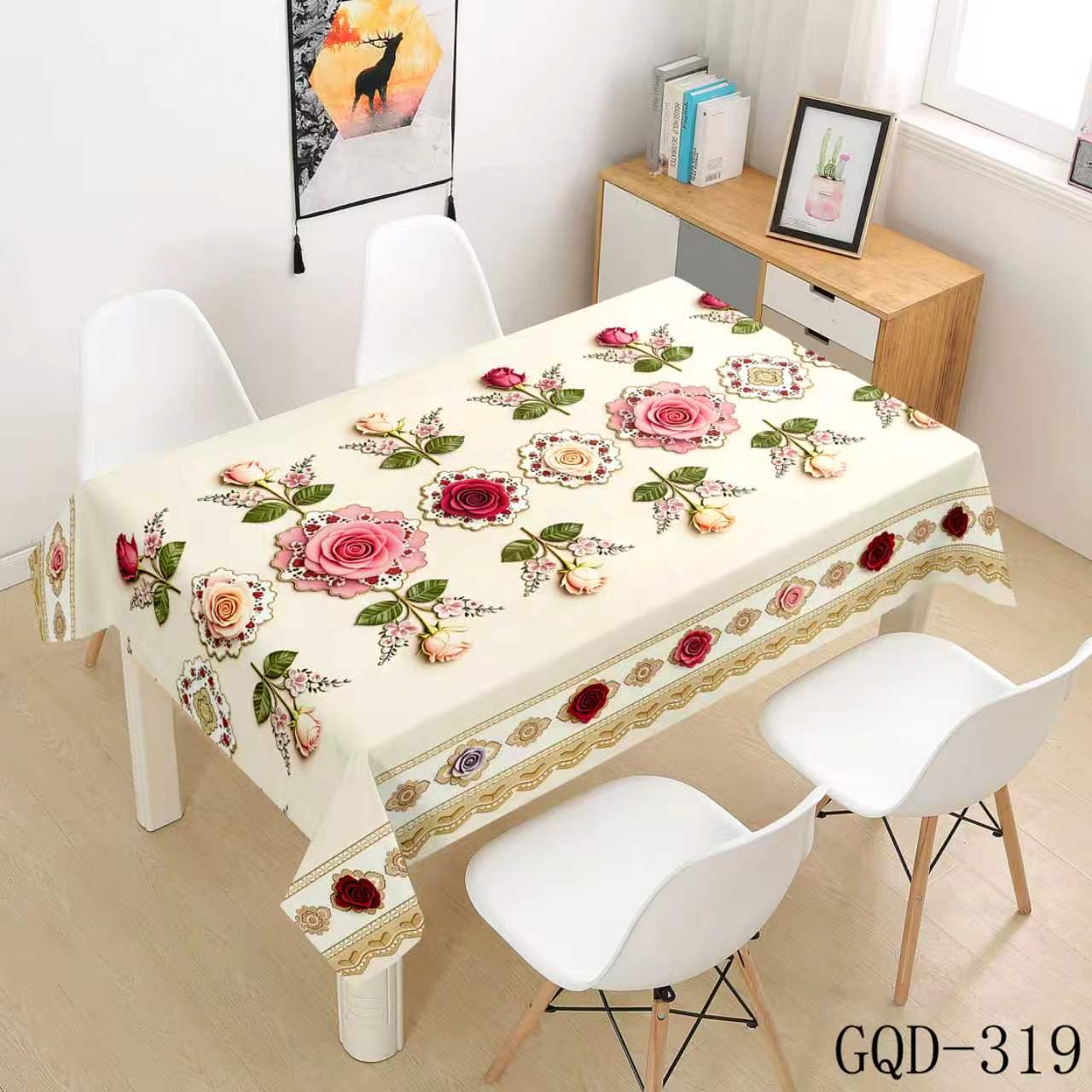 Cream Tablecloth with Scattered Roses
