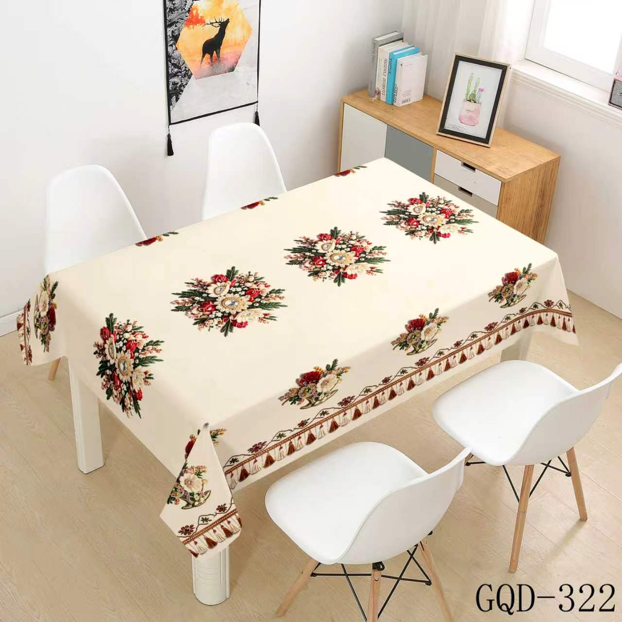 Cream Tablecloth with Red and Green Floral Sprigs