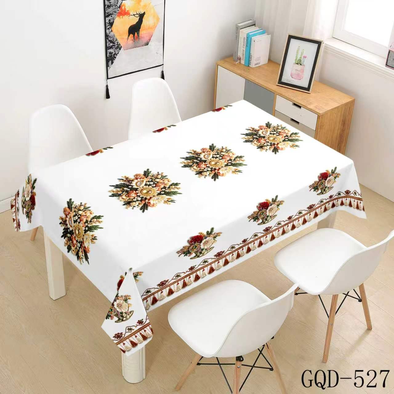 White Tablecloth with Golden Brown Floral Sprigs
