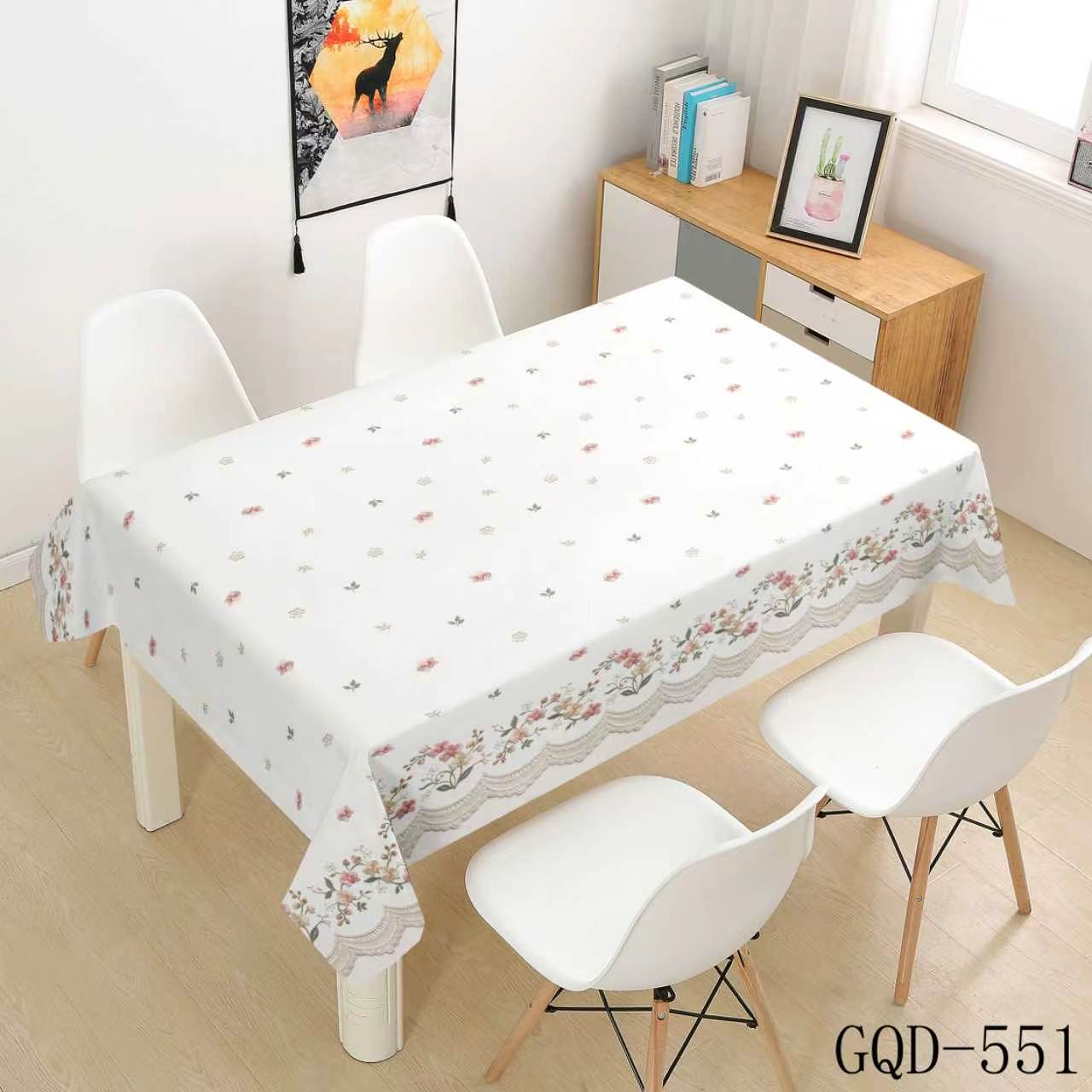 white with tiny colored dots and floral trim