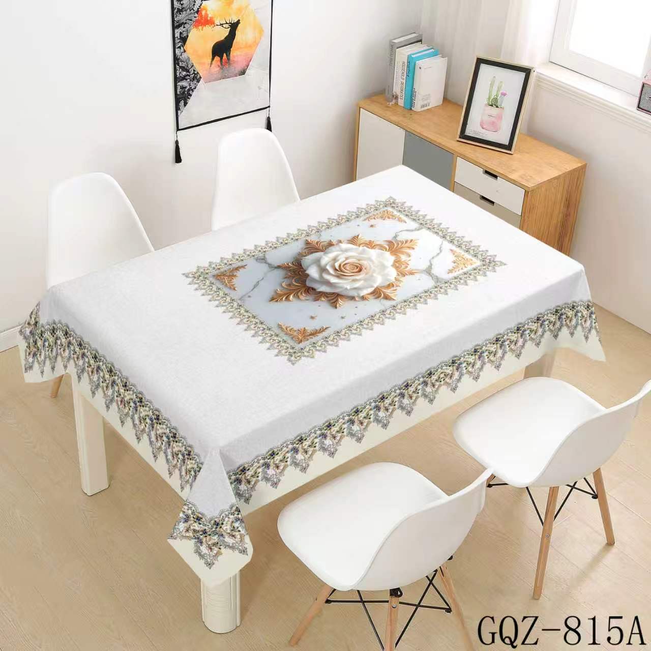 Light Blue and Gold Floral Tablecloth