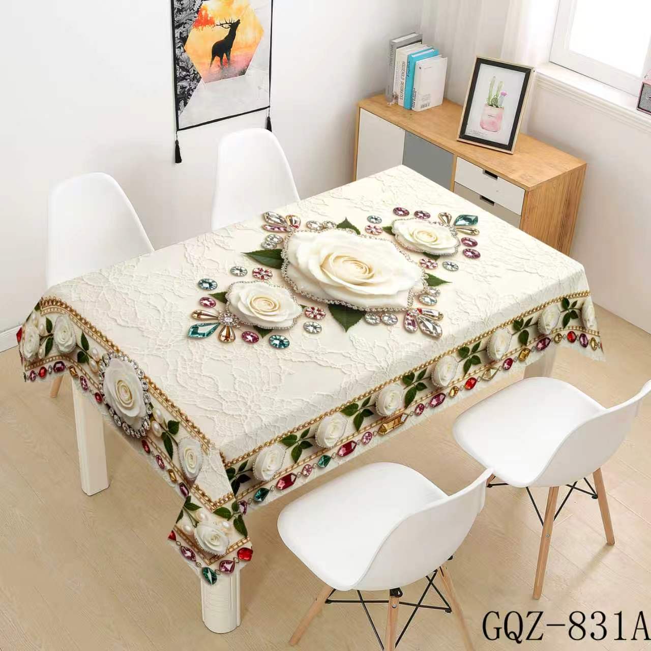 Cream Tablecloth with White Roses