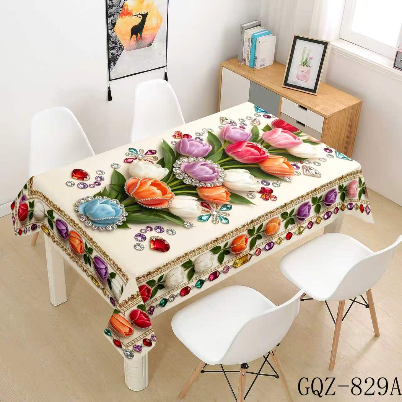 White Tablecloth with Colorful Blossoms