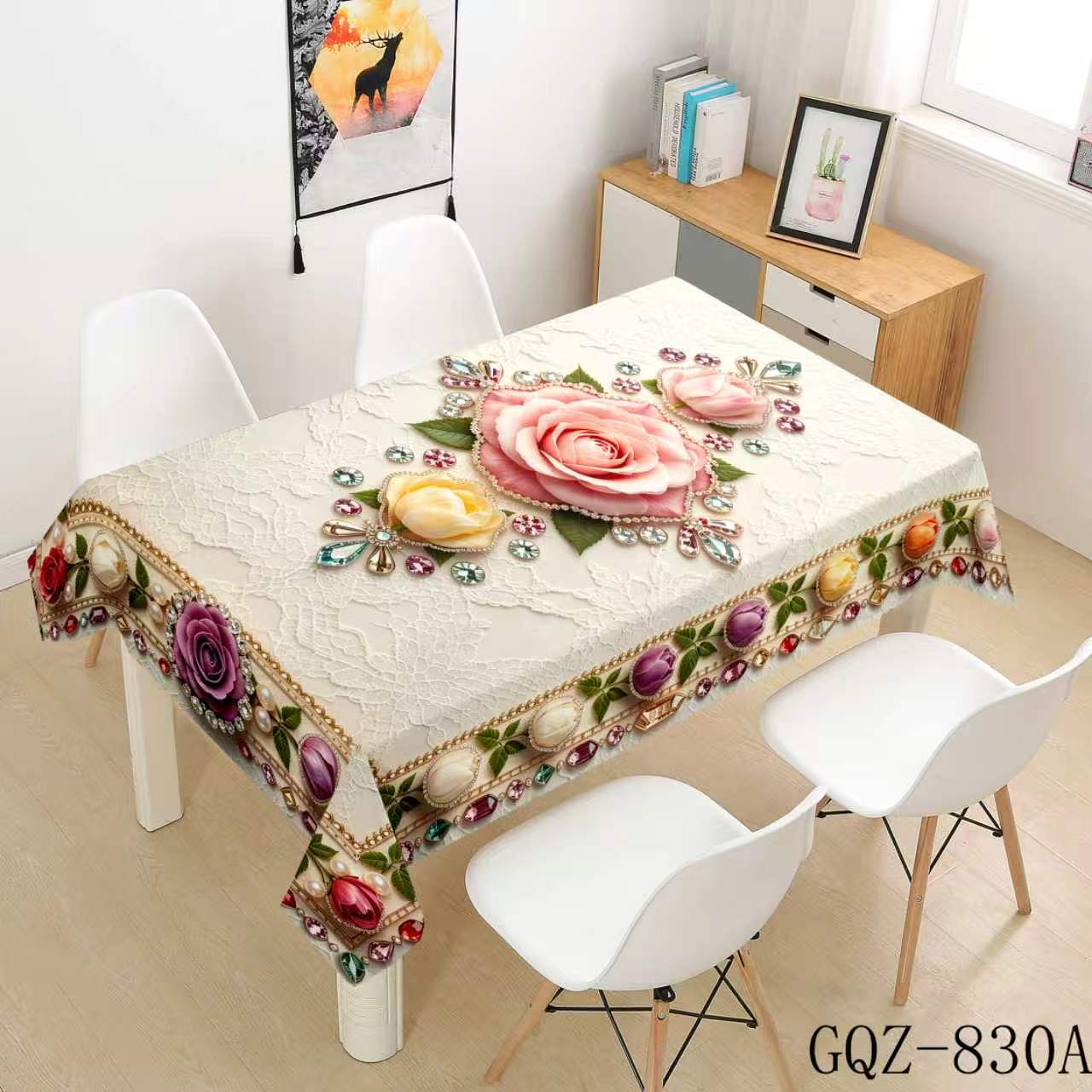 Pale Ivory Tablecloth with Pink Roses