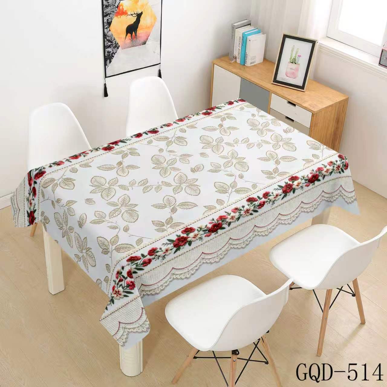 ivory large leaves with red floral trim