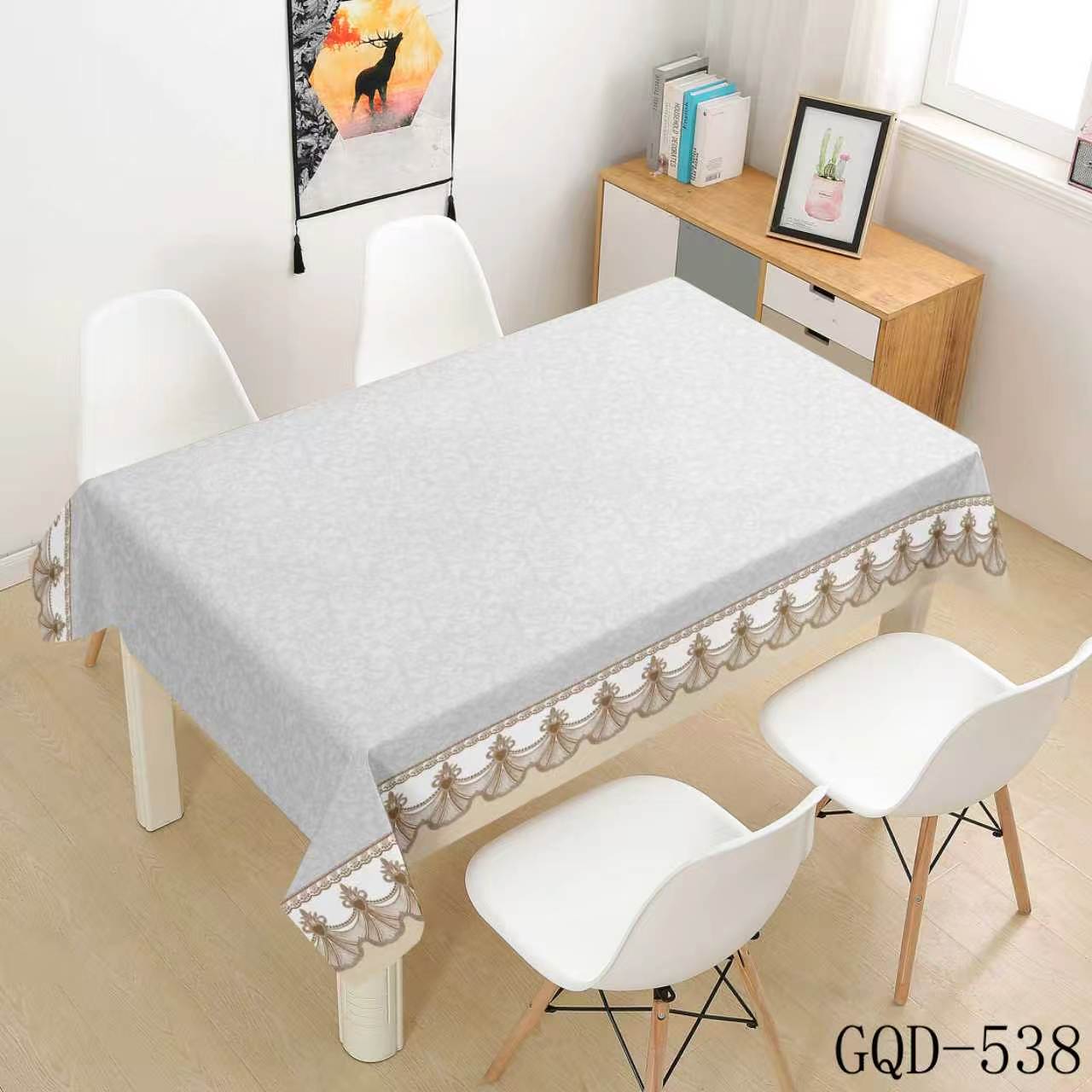 pale gray subtle pattern with golden-brown fringe
