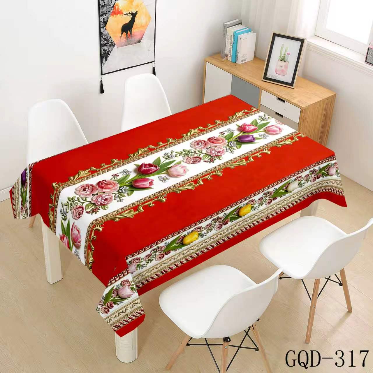 Red Tablecloth with Floral Center Stripe