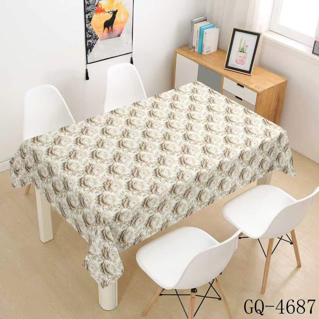Printed PVC Tablecloth - Gray Brown Round Flower Clusters