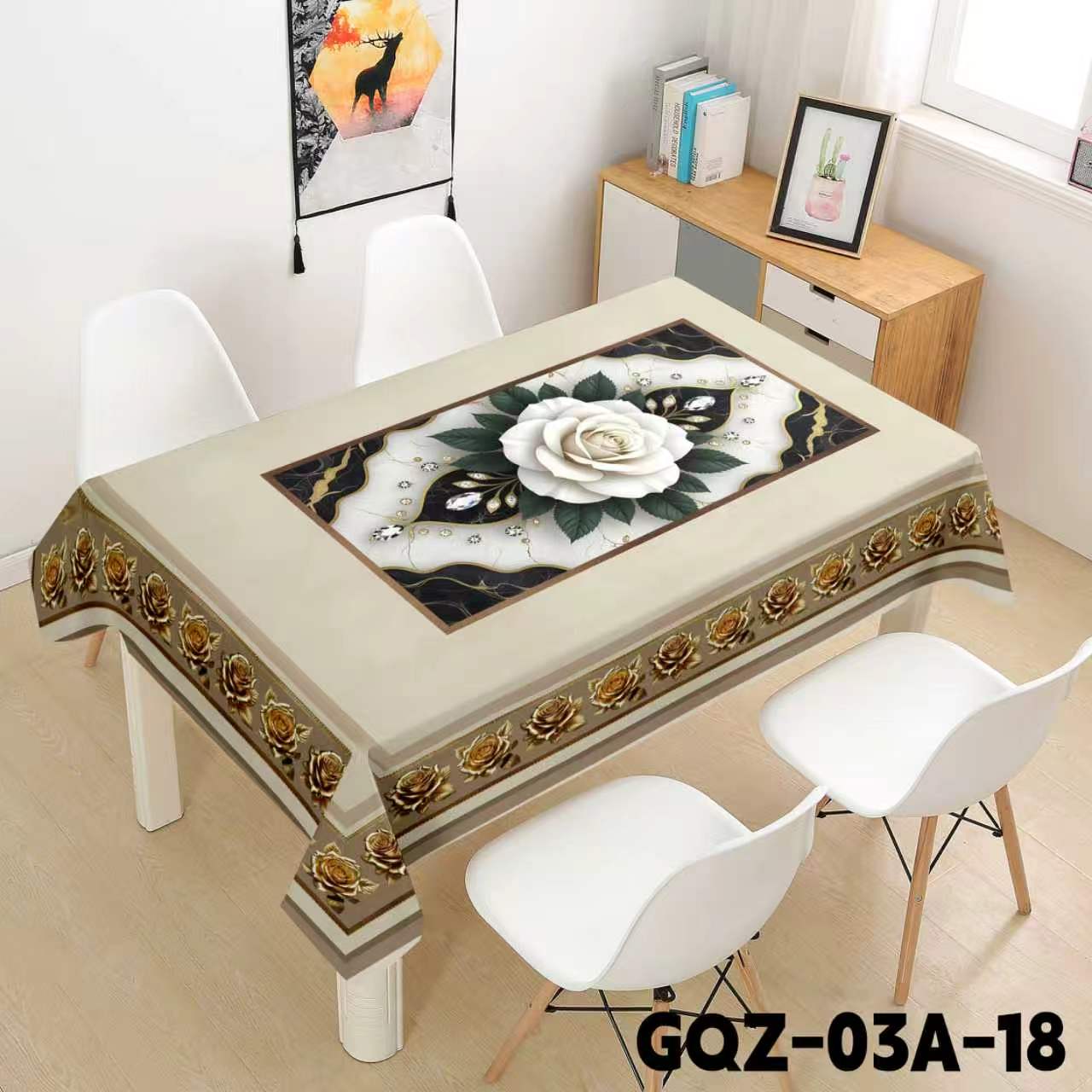 White Rose with Gold and Black Tablecloth