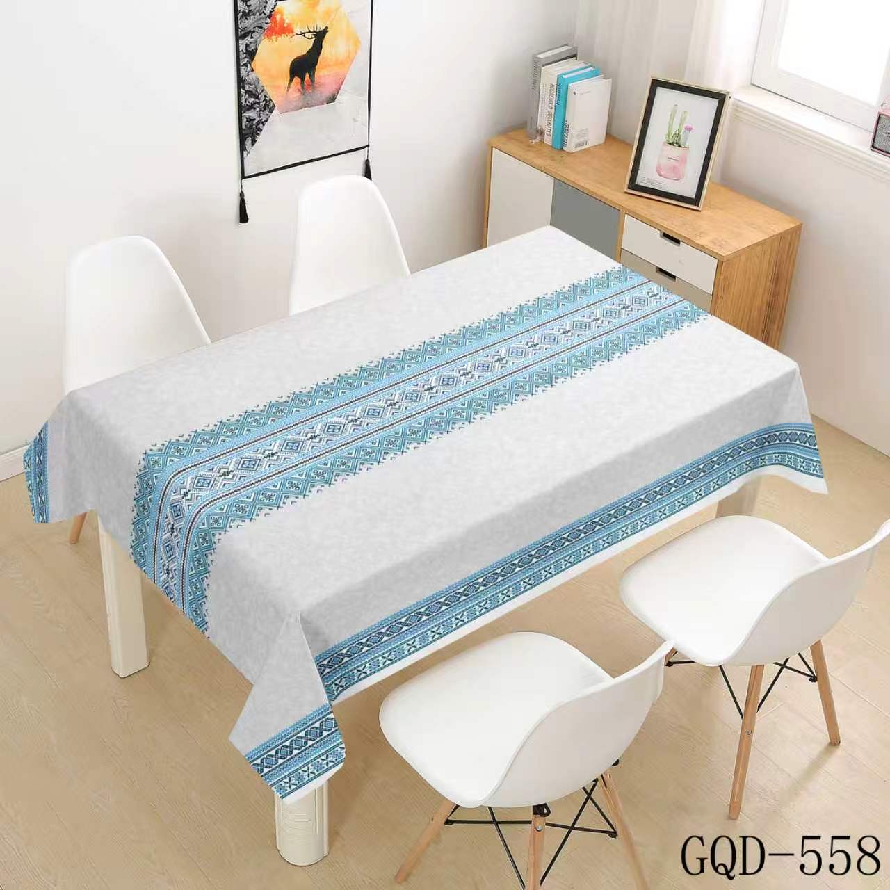 white with blue ornamental stripes