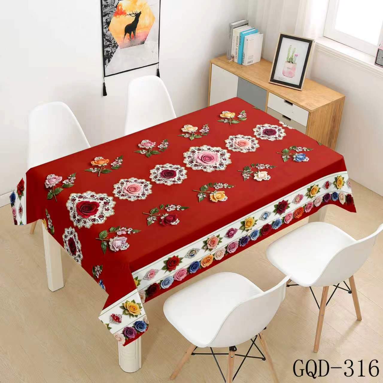 Red Tablecloth with White Floral Medallions