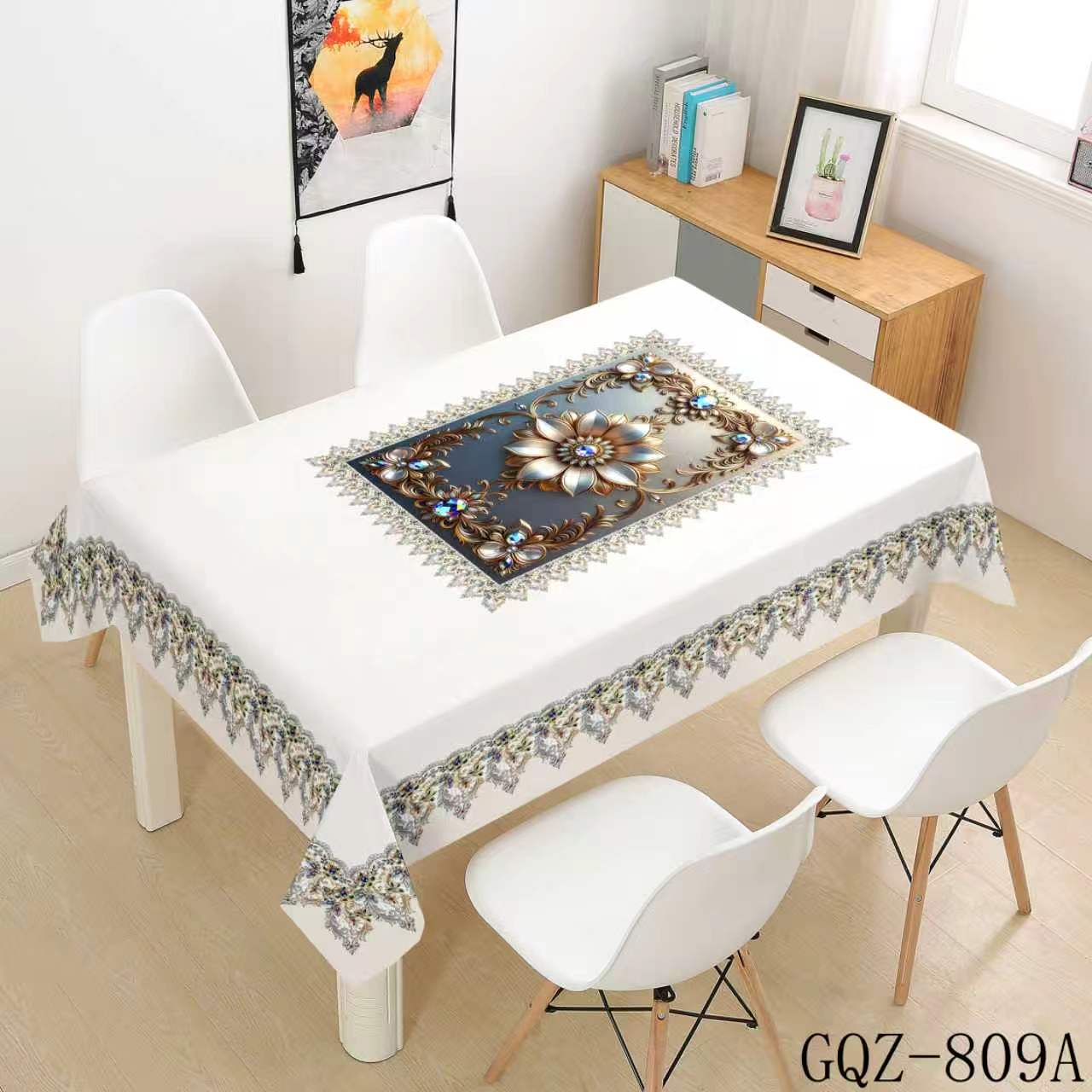 Black and Gold Floral Tablecloth