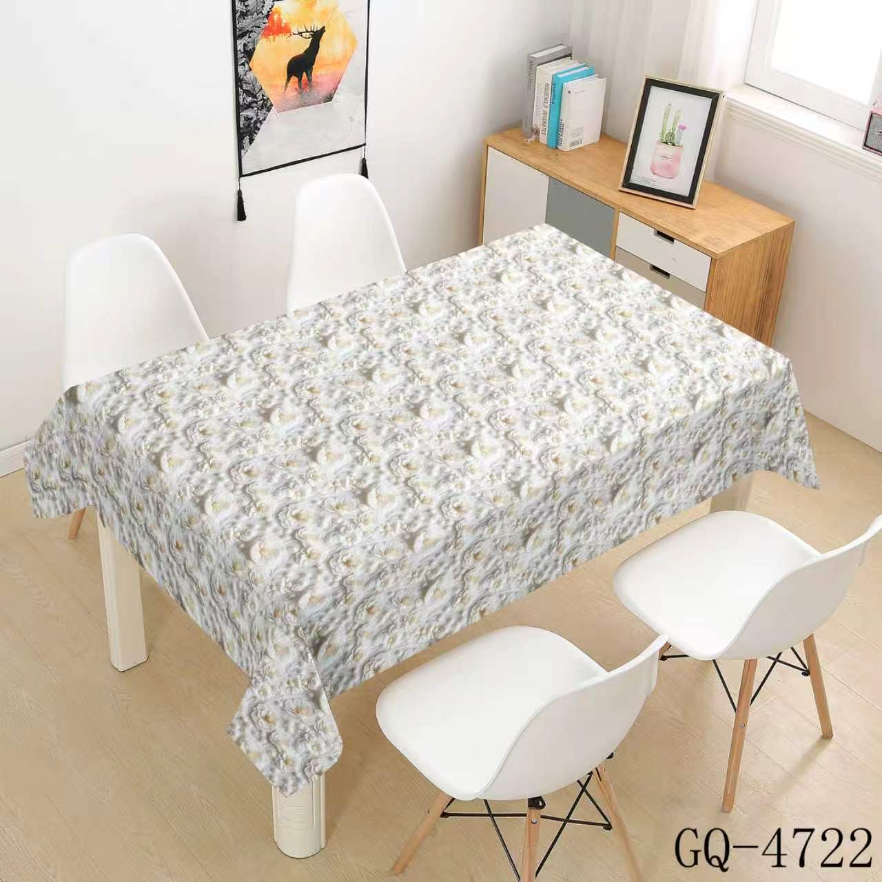 Printed PVC Tablecloth - Gray White Flower Clusters