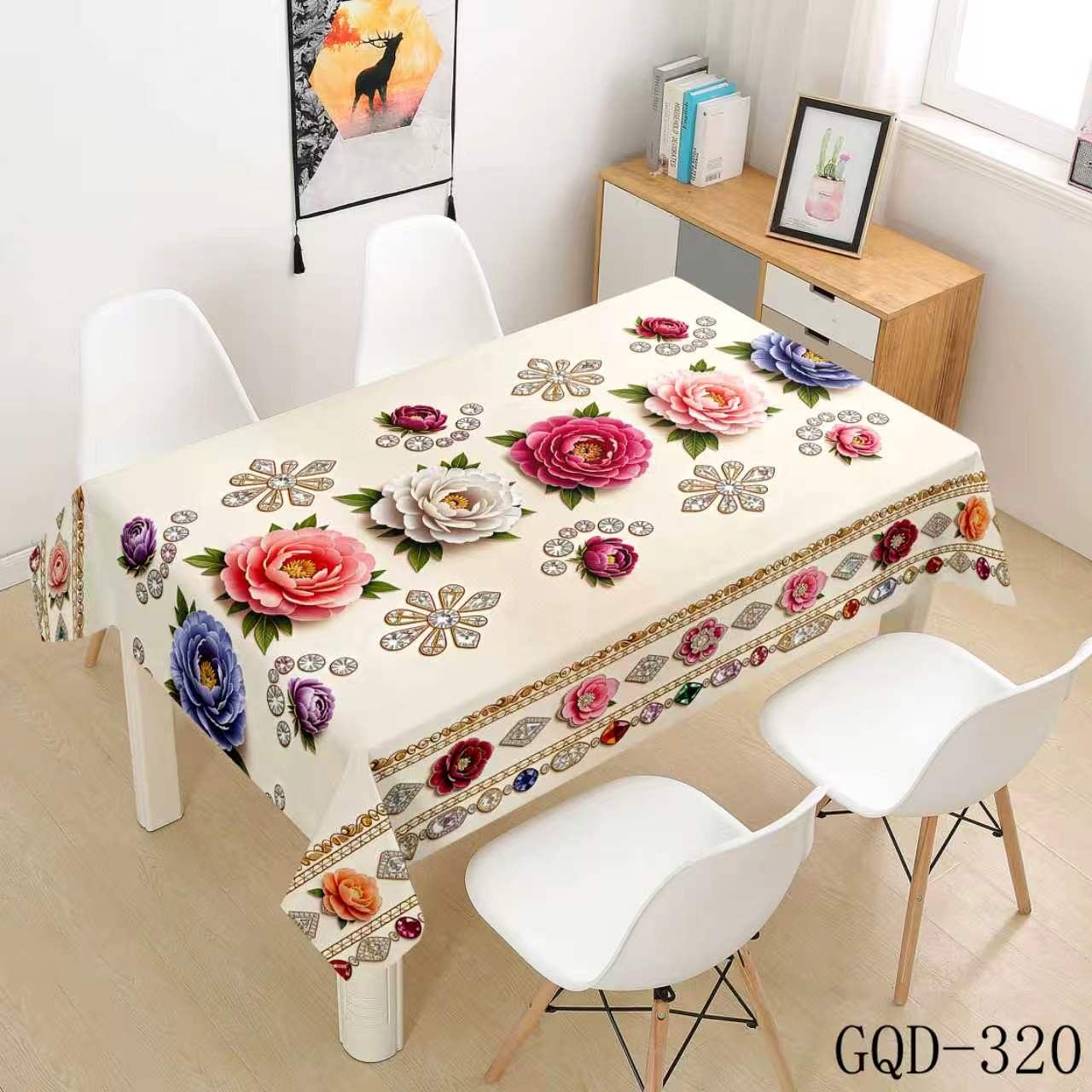 White Tablecloth with Colorful Roses and Golden Motifs