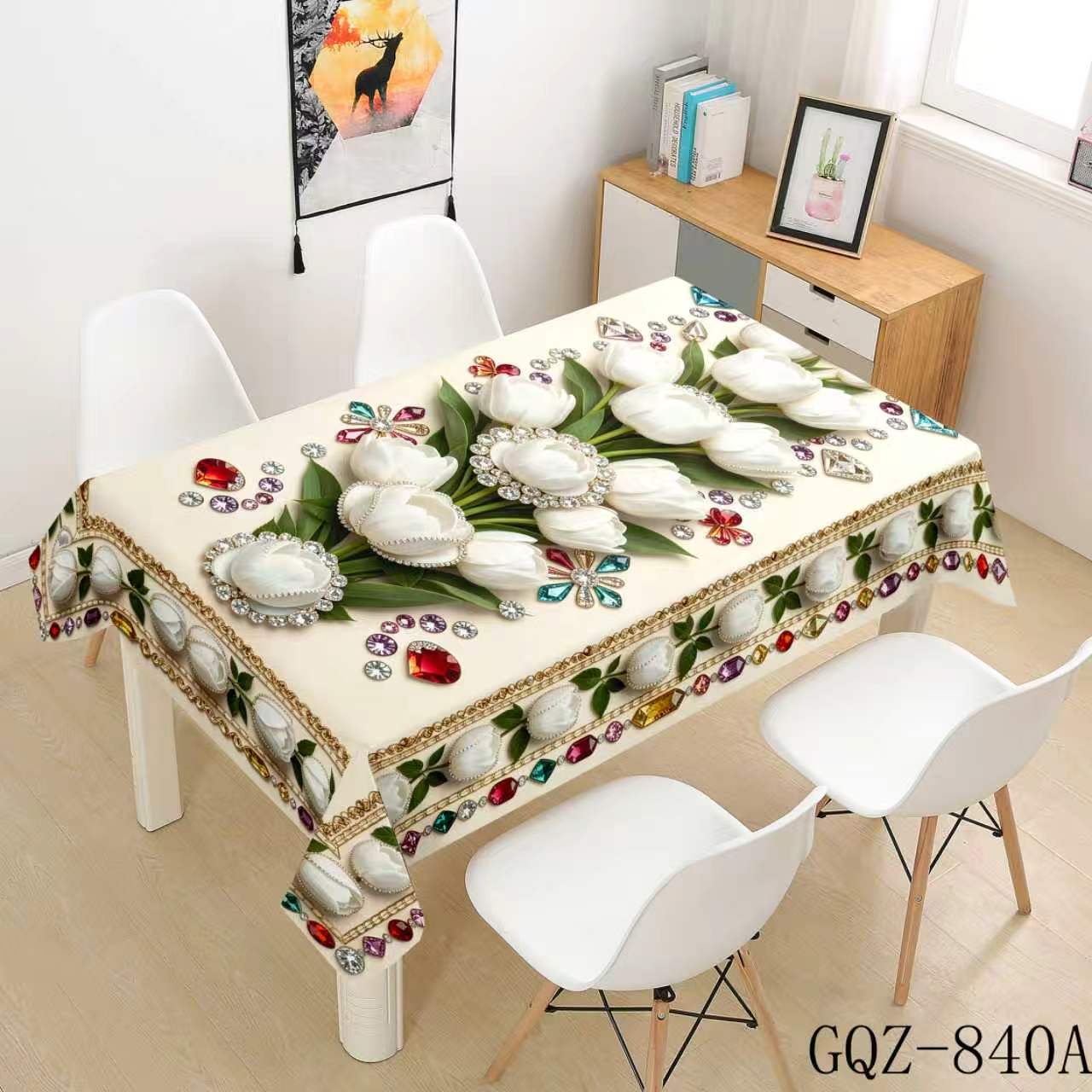 White Tablecloth with White Rose Bouquets