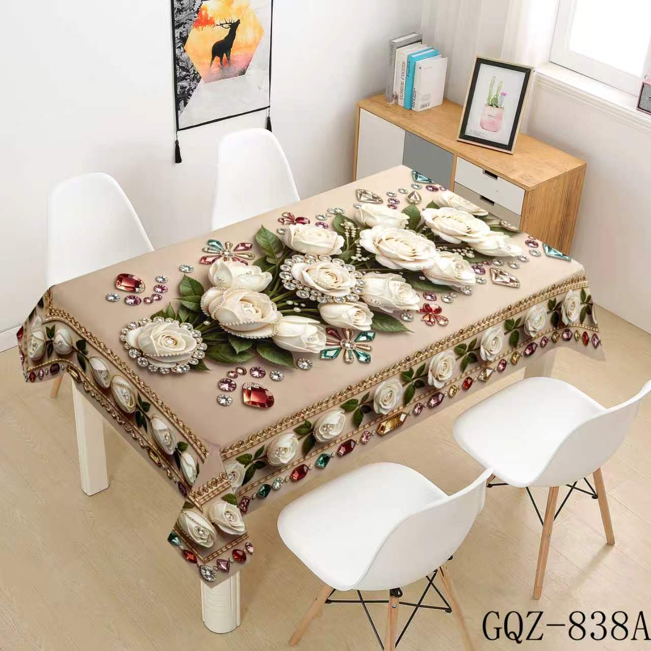 Beige Tablecloth with White Rose Bouquets