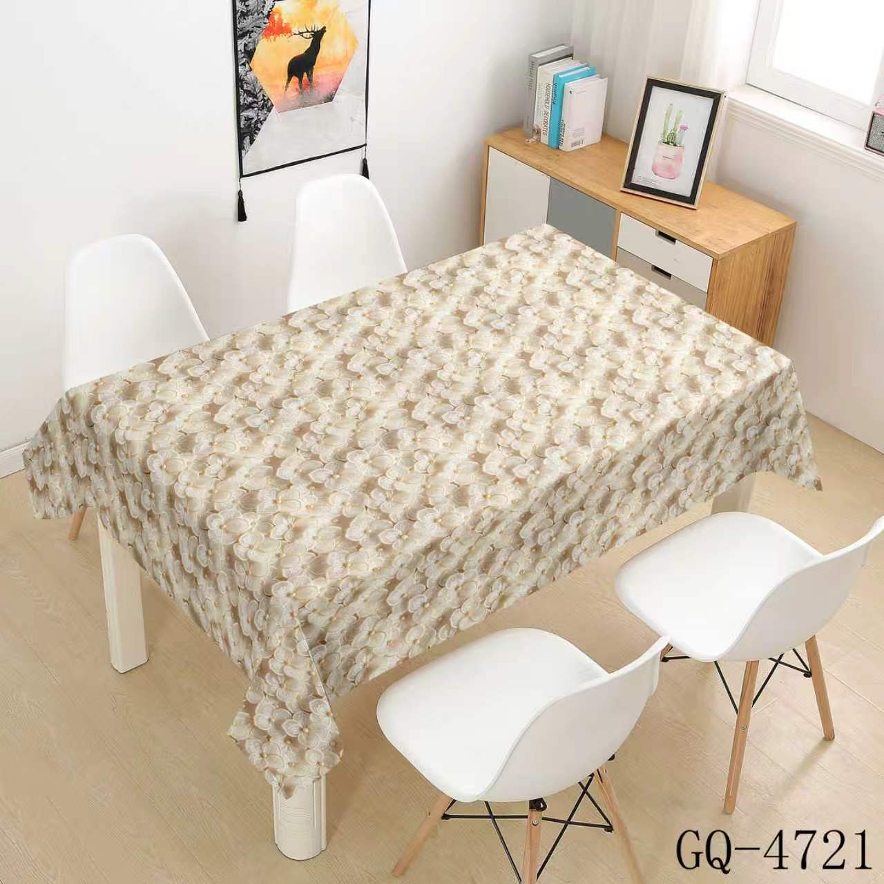 Printed PVC Tablecloth - Beige Gray Leaf Branches