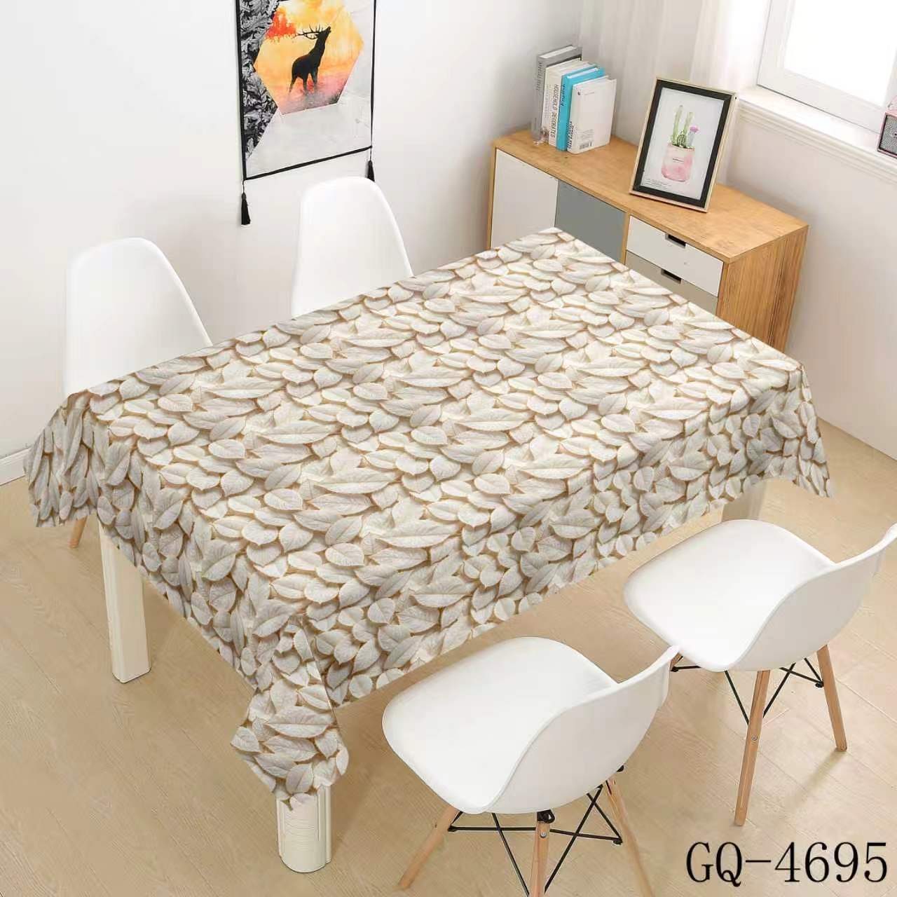 Printed PVC Tablecloth - Beige Gray Leaf Frame Motif