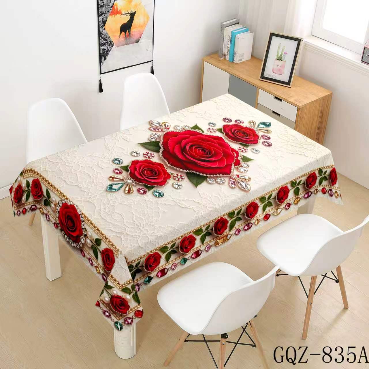 Ivory Tablecloth with Red Roses