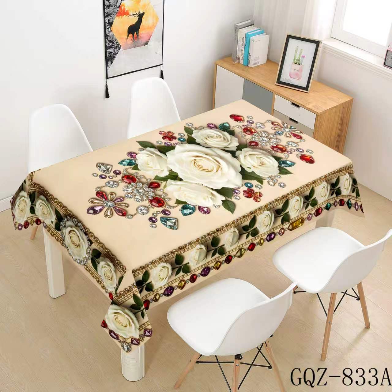 Ivory Tablecloth with White Roses and Colorful Accents