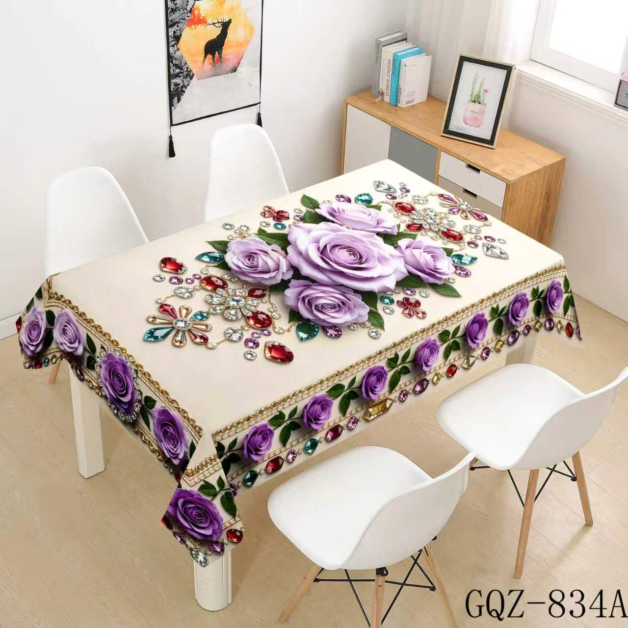 Cream Tablecloth with Purple Rose Bouquets