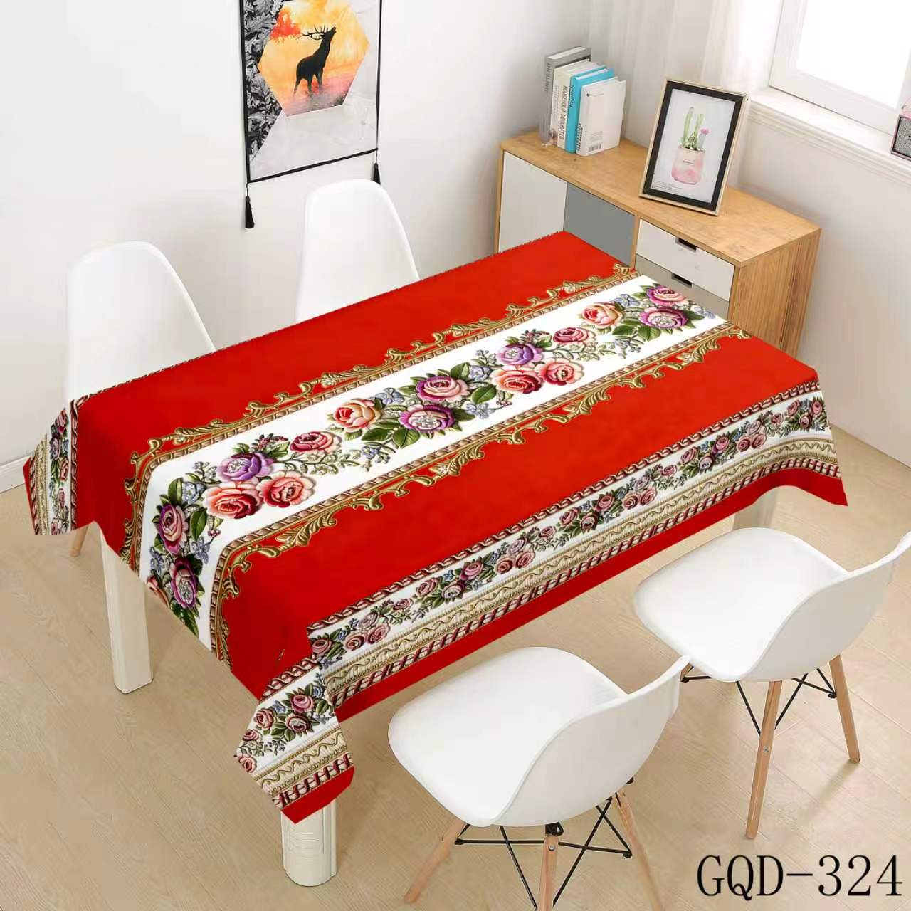 Red Tablecloth with Rose Garland Stripe
