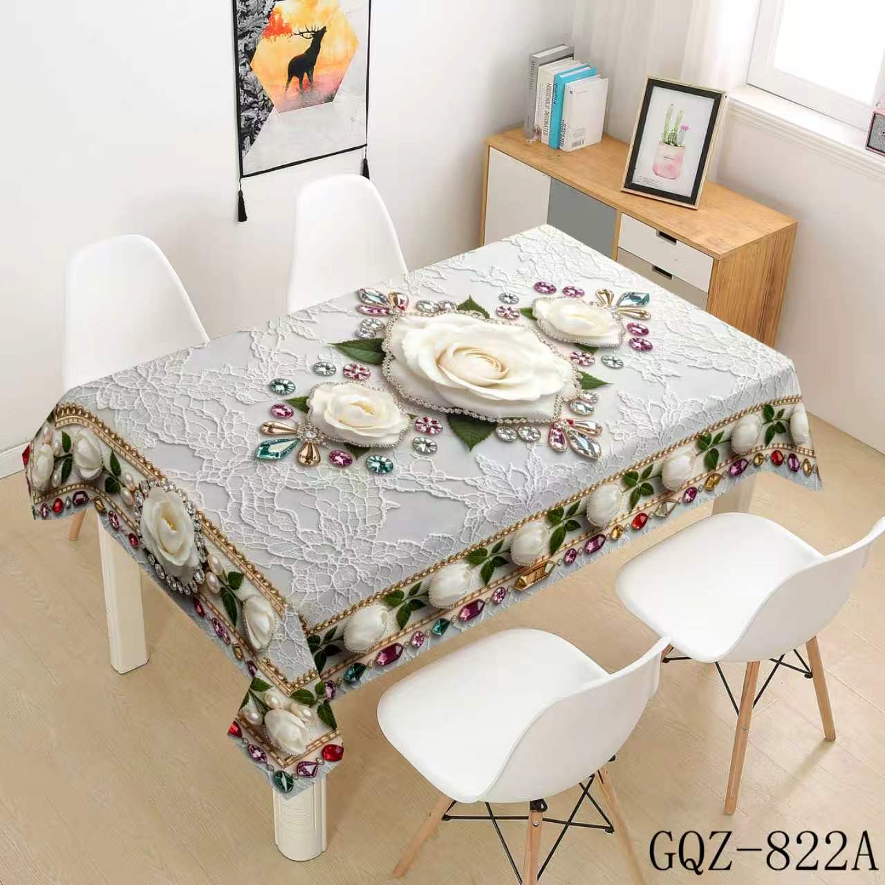 Light Gray Tablecloth with White Roses