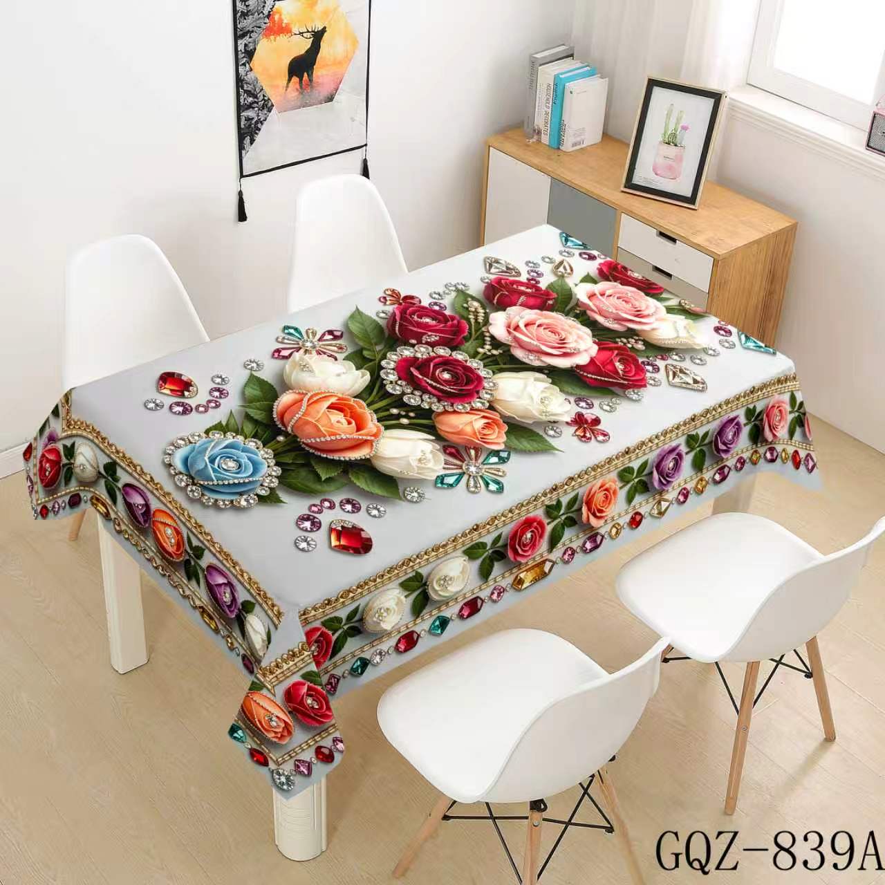 White Tablecloth with Vivid Floral Bouquets