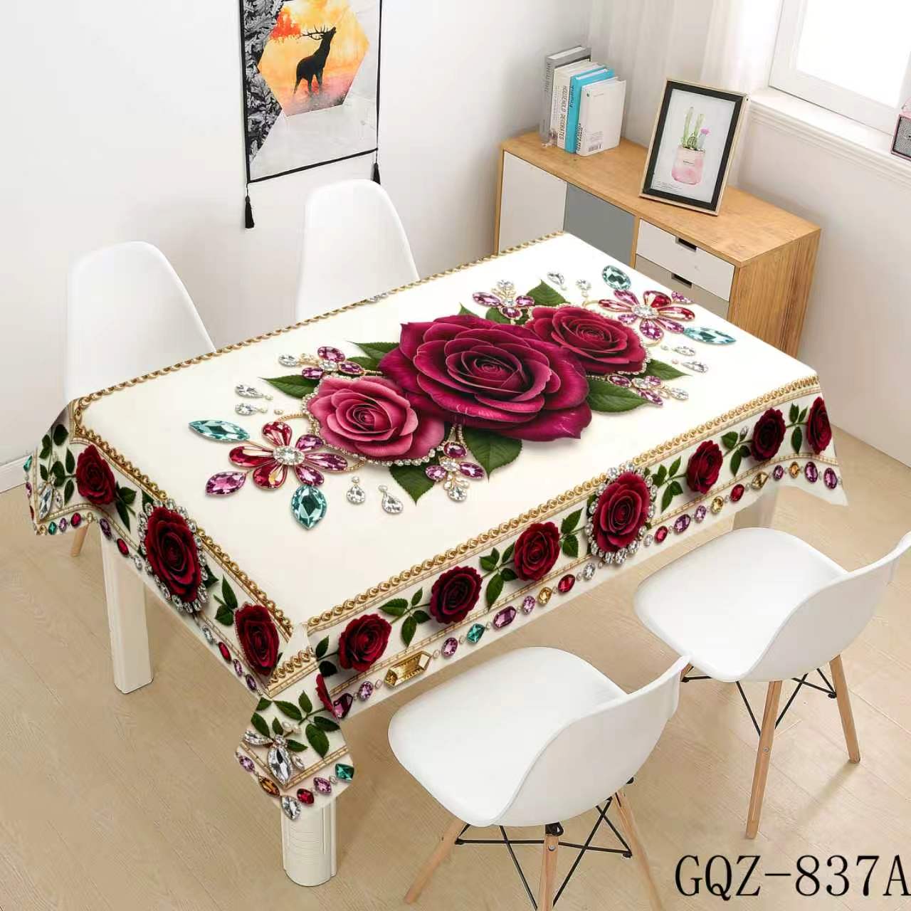 Ivory Tablecloth with Red and Purple Roses