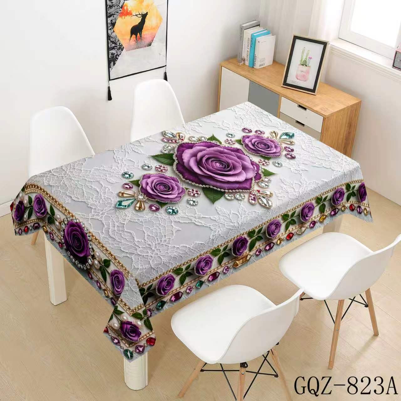 Light Gray Tablecloth with Purple Roses
