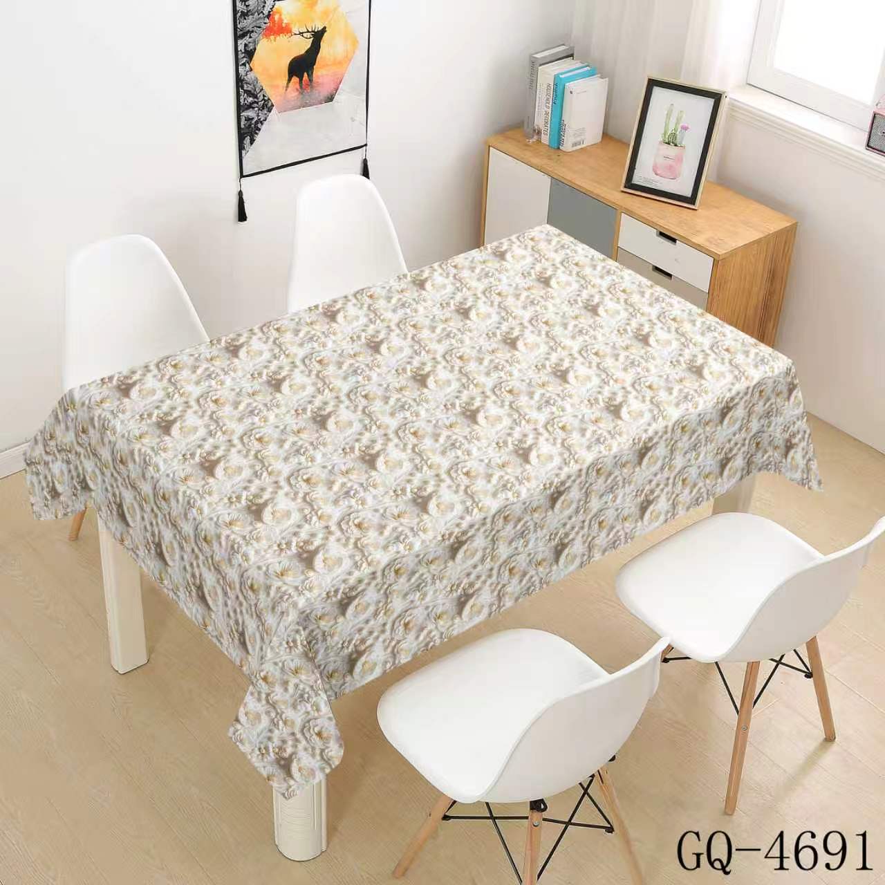 Printed PVC Tablecloth - Gray White Flower Clusters