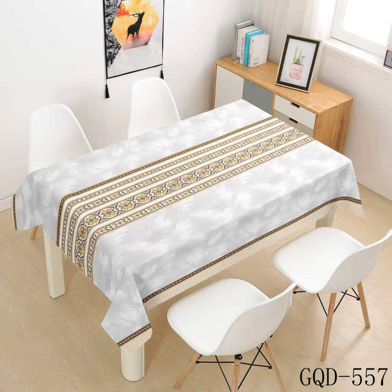 white with brown-gold geometric stripes