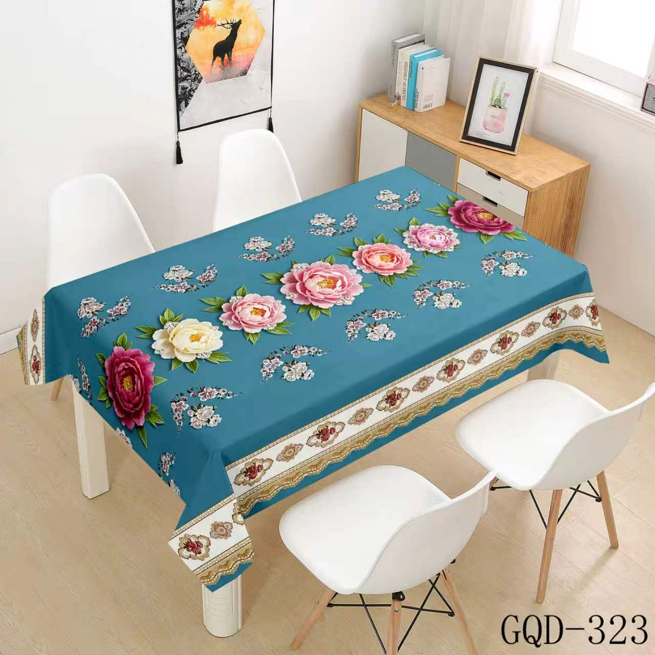 Aqua Tablecloth with Colorful Floral Sprays