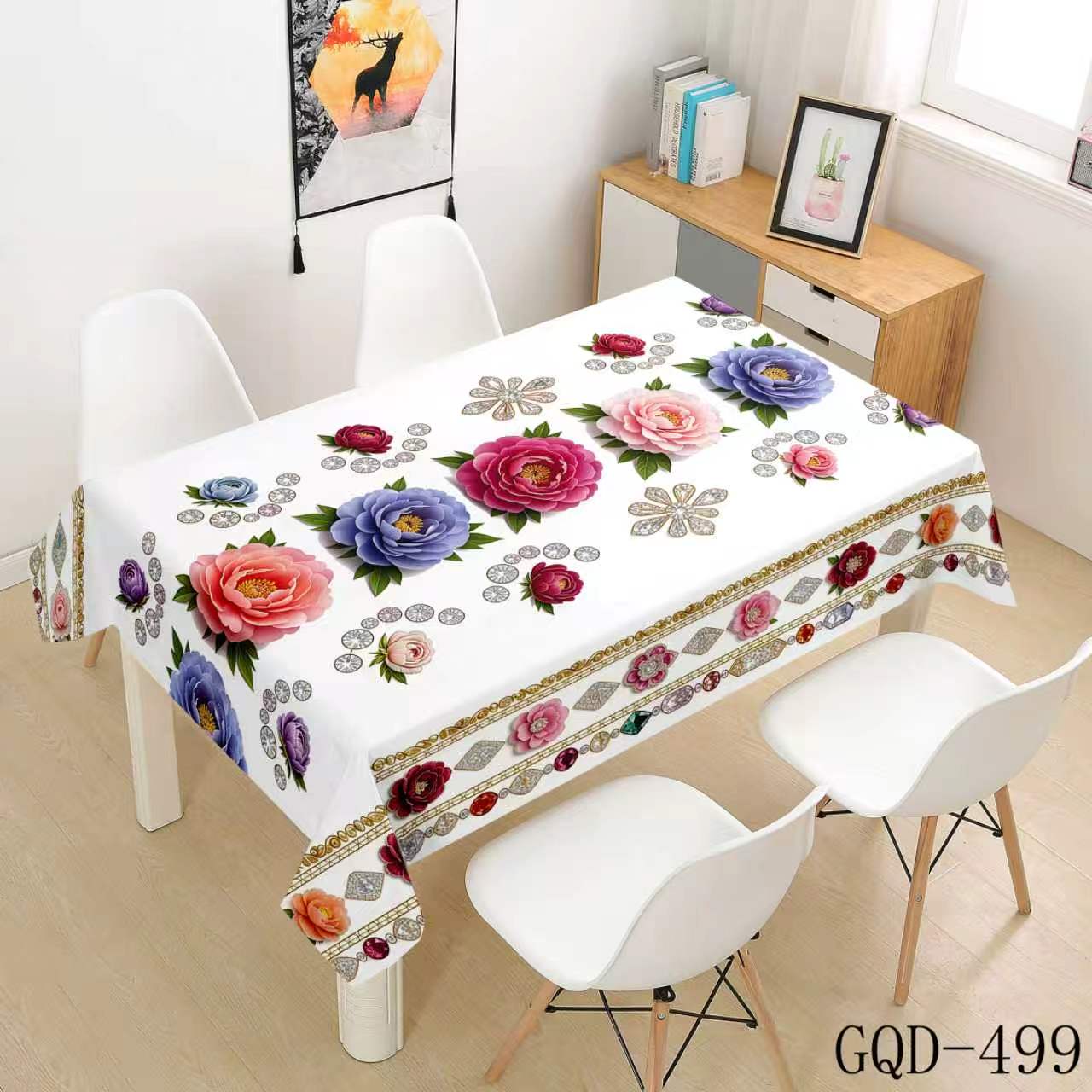 White Tablecloth with Multicolor Roses