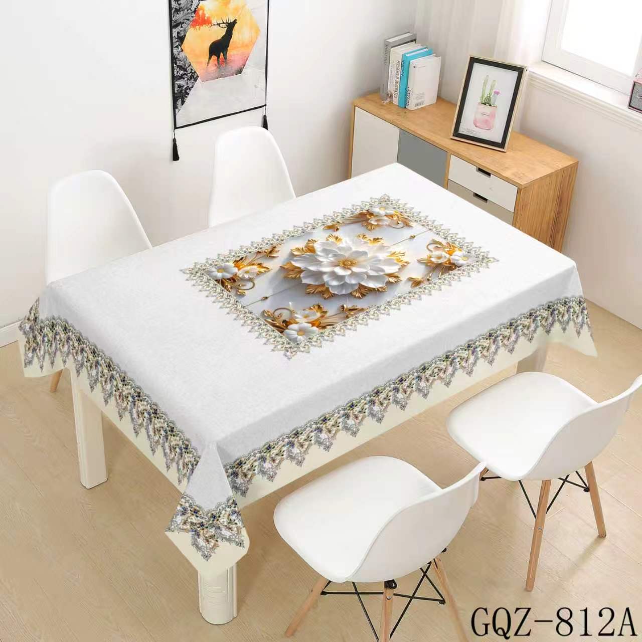 Pale Blue and Gold Floral Tablecloth