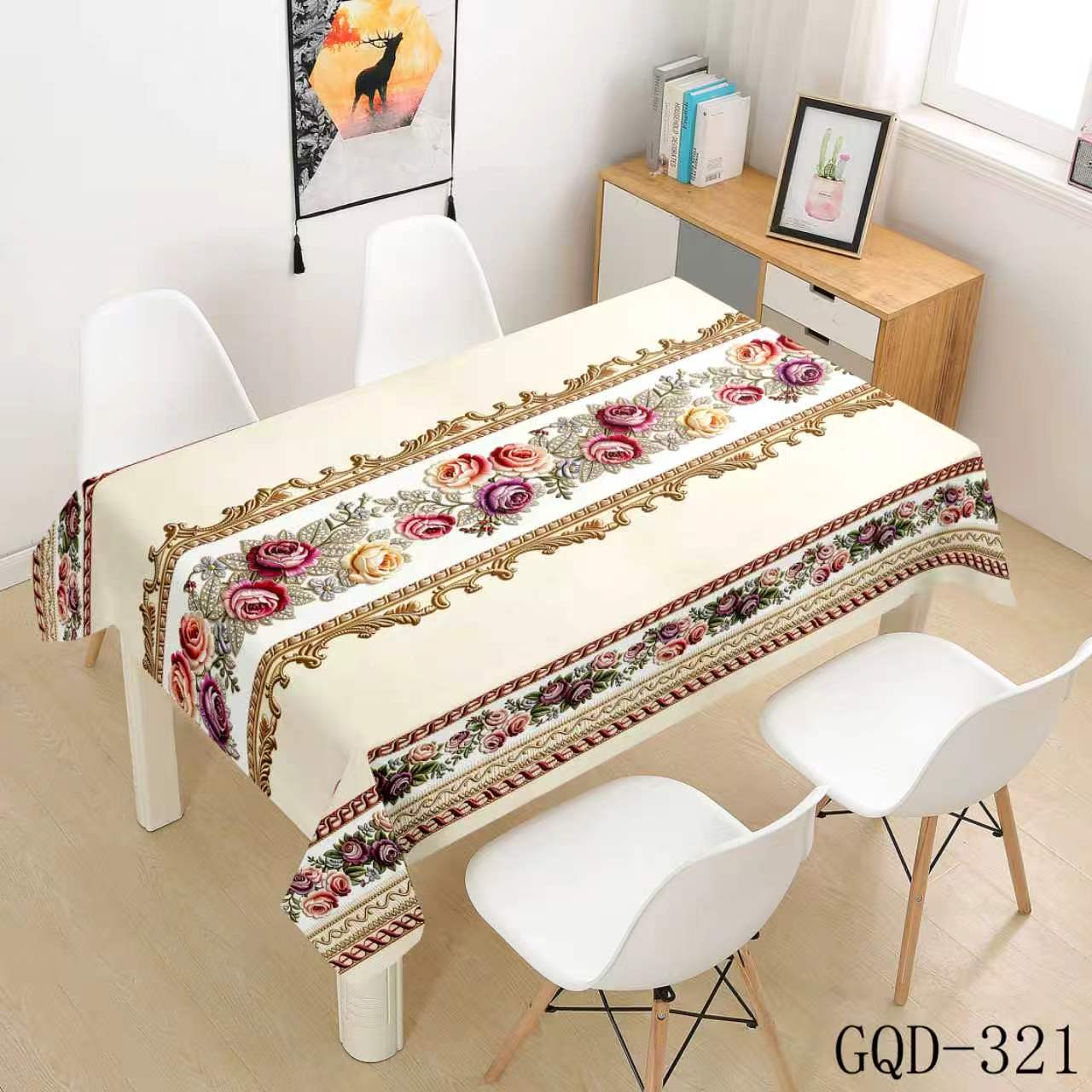 Ivory Tablecloth with Floral Stripe