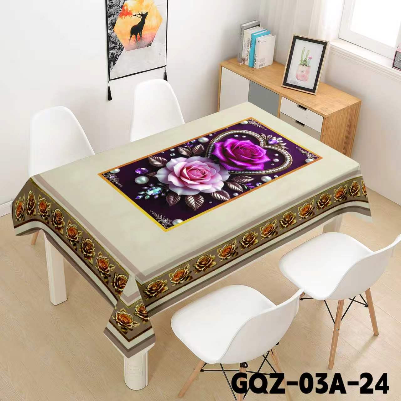 Purple Rose with Gold and Black Tablecloth