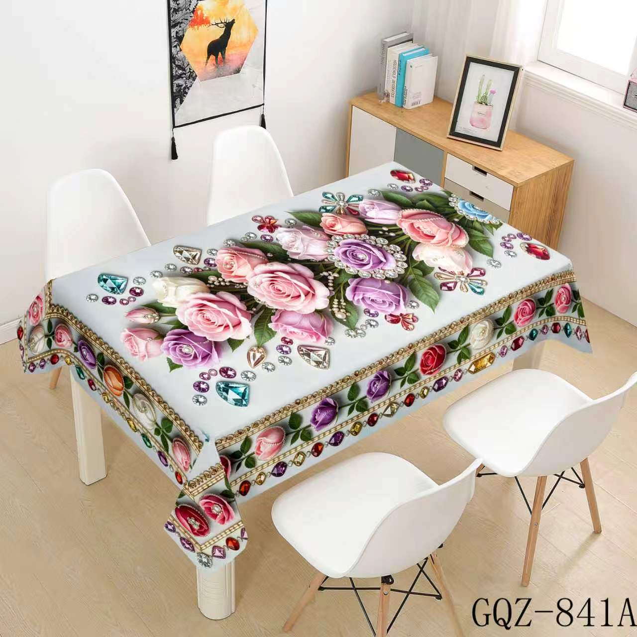 White Tablecloth with Pink and Purple Roses